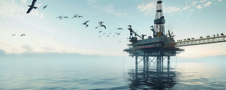 A serene offshore oil rig drilling platform with seabirds flying around and resting on its structures. The ocean is calm and blue, and the sky is dotted with light clouds, creating a peaceful yet